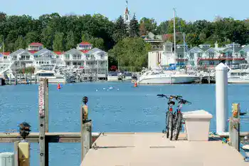 Scenic marina dock with boats, bicycles, and waterfront homes in the background.