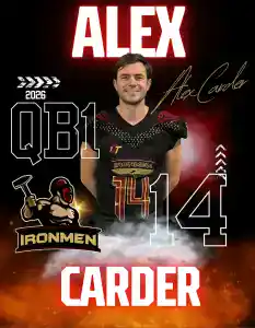 Alex Carder, West Michigan Ironmen quarterback, smiling in football uniform.