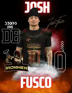 Josh Fusco in Ironmen football uniform with team logo and signature.