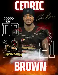 Cedric Brown, West Michigan Ironmen football player, wearing jersey and cap.