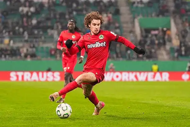 VIENNA, AUSTRIA - DECEMBER 11: Evangelos Andreou of Omonoia FC controls the ball during the UEFA Conference League 2025/26 League Phase MD5 match between SK Rapid and Omonoia FC at Weststadion on December 11, 2025 in Vienna, Austria. (Photo by Christian Hofer/Getty Images)