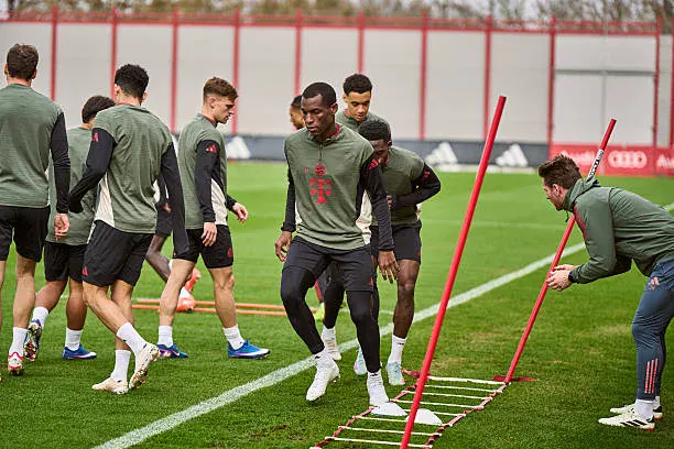 MUNICH, GERMANY - MARCH 09: Nicolas Jackson of FC Bayern Muenchen during a training session at Saebener Straße on March 09, 2026 in Munich, Germany. (Photo by S. Mellar/FC Bayern via Getty Images)