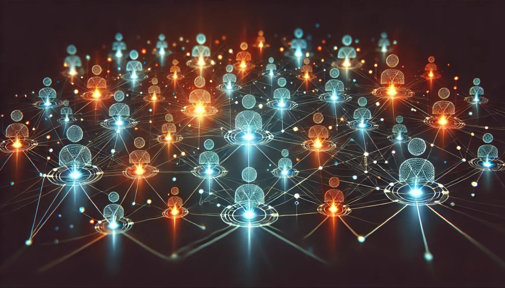 image visual representation of a social media network with content being shared across different platforms, driving traffic to the central website