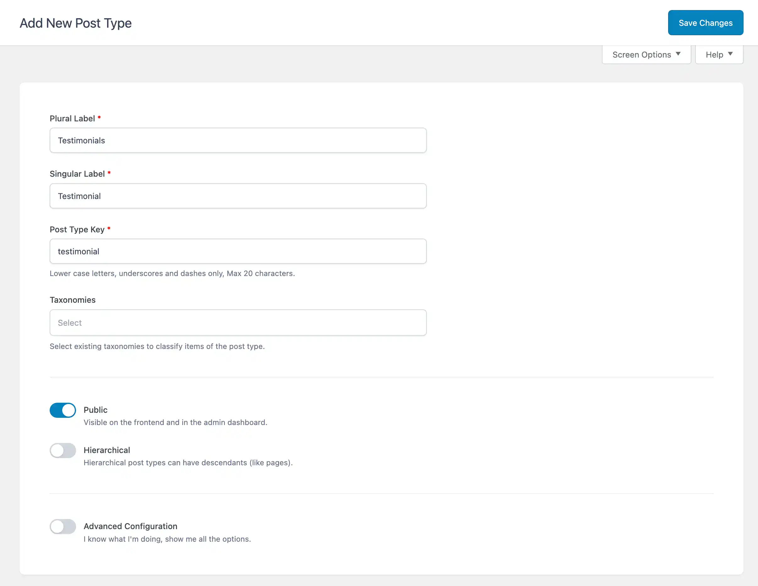 ACF Post Type registration screen for Testimonials