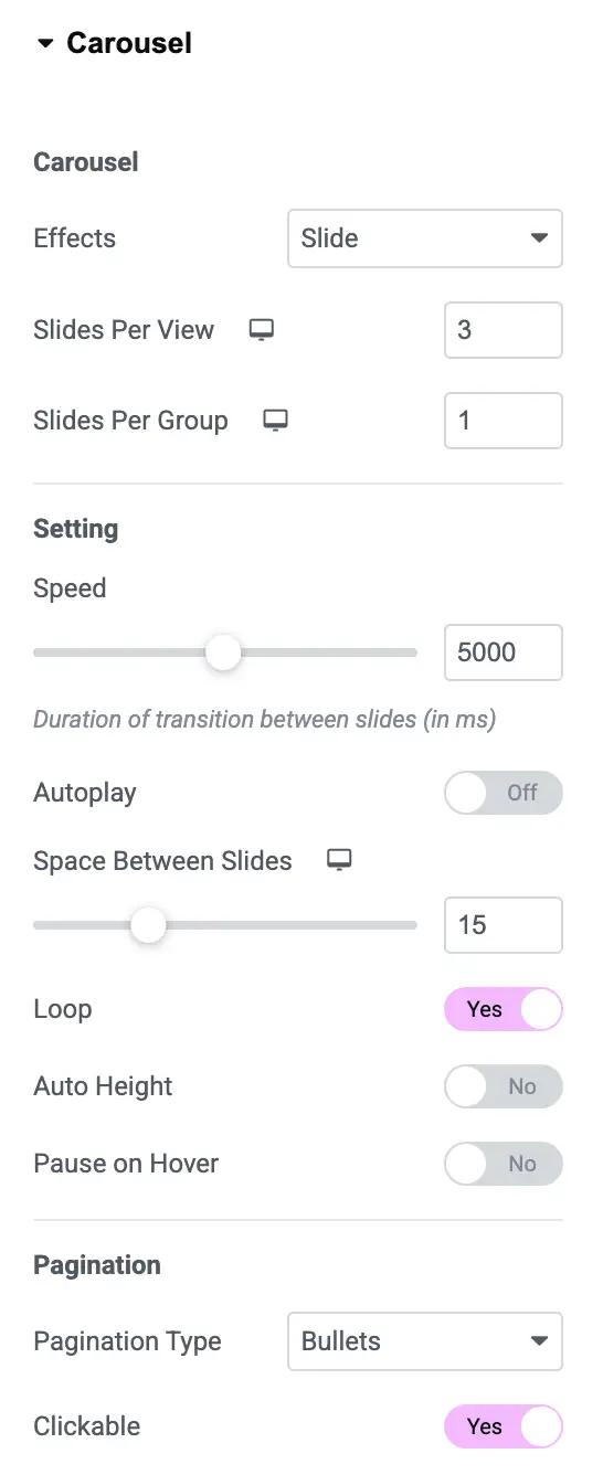 Carousel settings panel in the DA - ACF Repeater widget