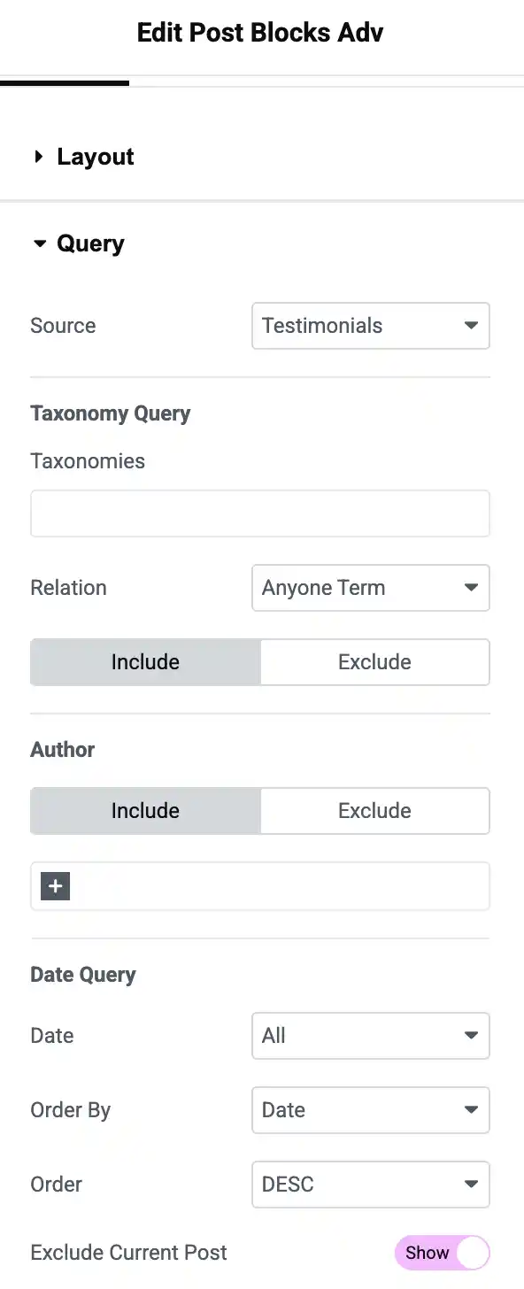Post Blocks Adv widget settings querying Testimonials CPT
