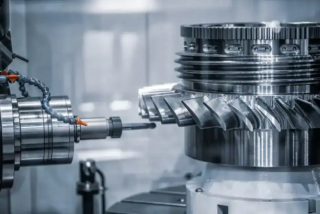 Close-up of CNC machine working on metal gear component.