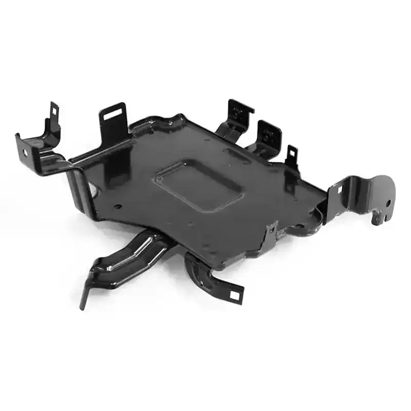 Black metal mounting bracket for industrial equipment or electronics.