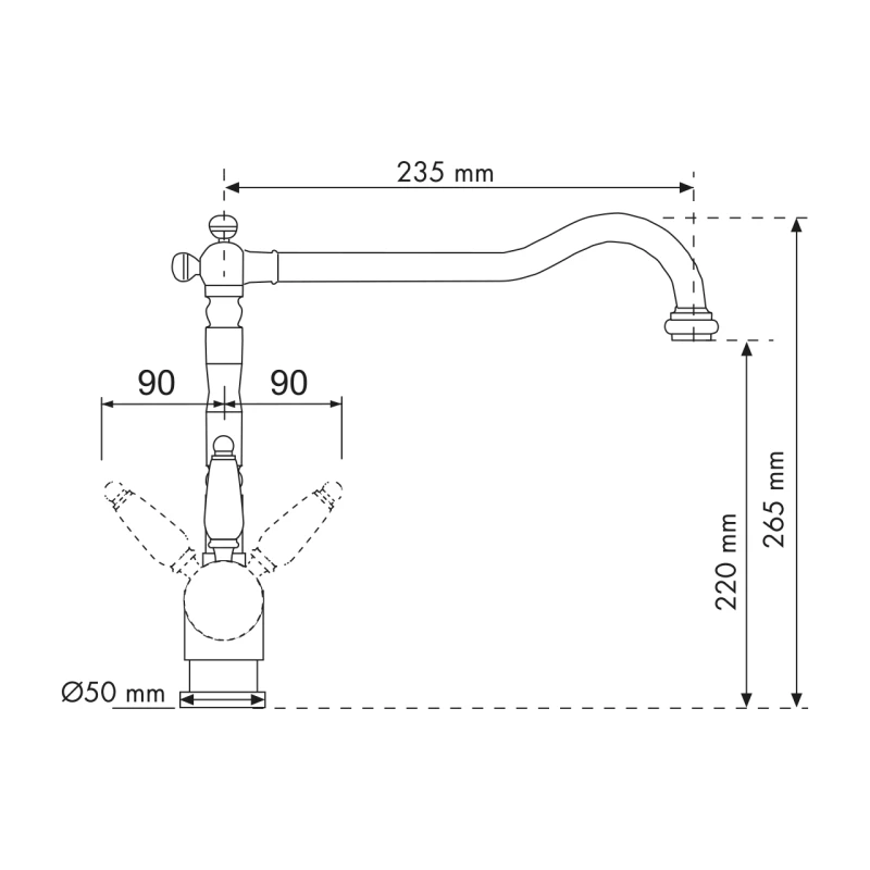 Disegno tecnico di un rubinetto Plados MIXOLDST - Miscelatore con relative misure. Il beccuccio ha una portata di 235 mm, un'altezza alla base di 220 mm, un'altezza aggiuntiva di 265 mm e una base di diametro 50 mm. La maniglia è larga 90 mm.