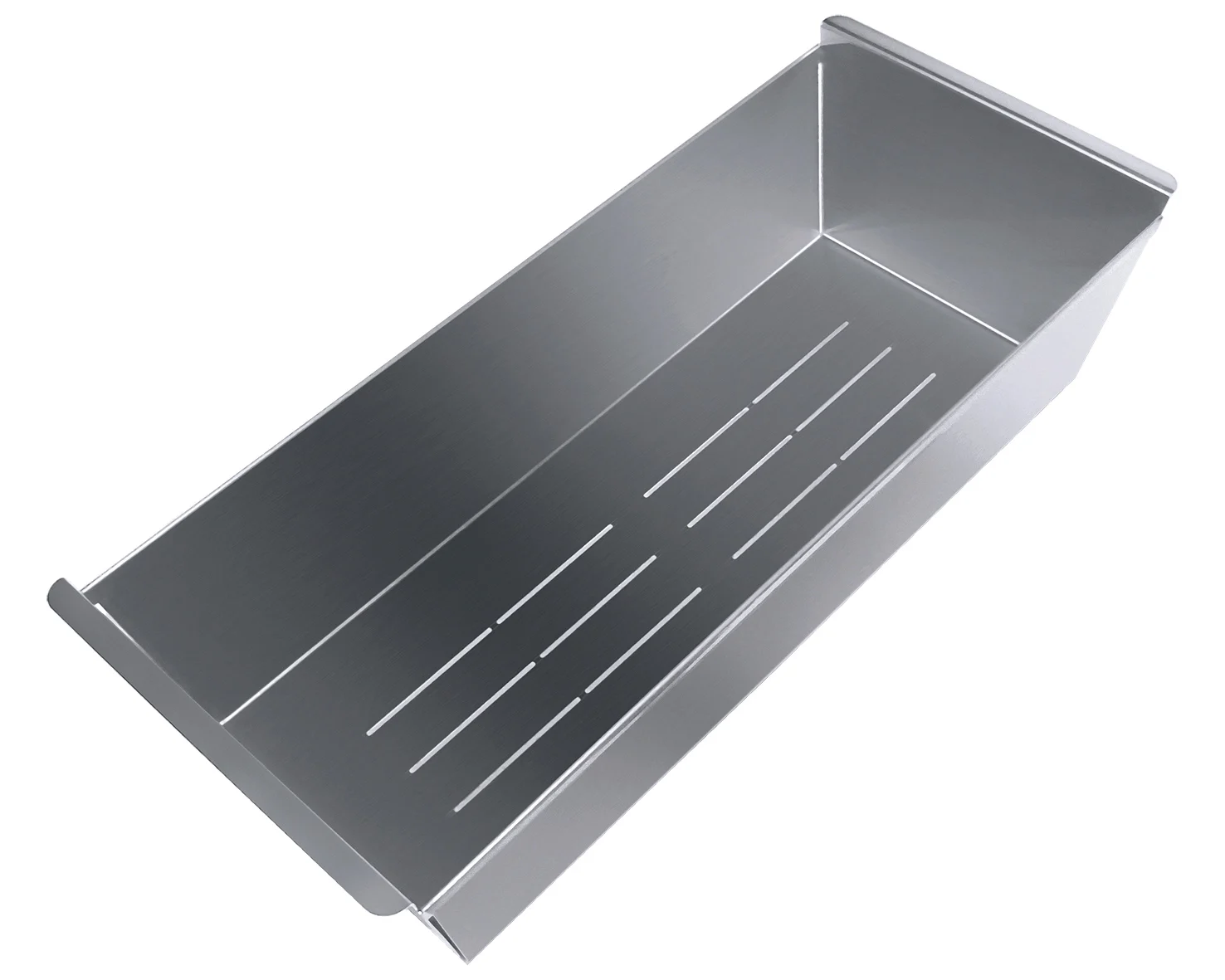 Contenitore rettangolare in acciaio inox con fondo fessurato per lo scarico, caratterizzato dall'innovativo design ONVASINX - VASCHETTA IN ACCIAIO INOX.