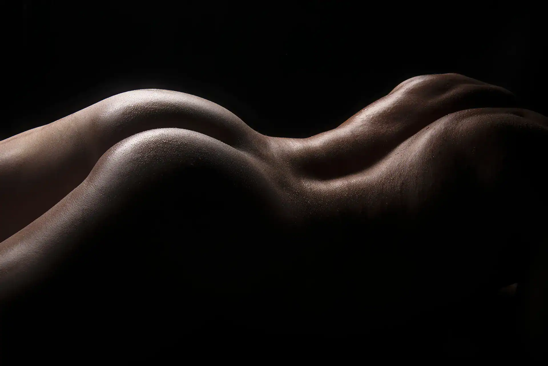 Fine art nude of a man's back and glutes, lit in low-key studio light to emphasise muscle contours and skin texture, photographed by a male-focused artistic nude photographer in South Africa