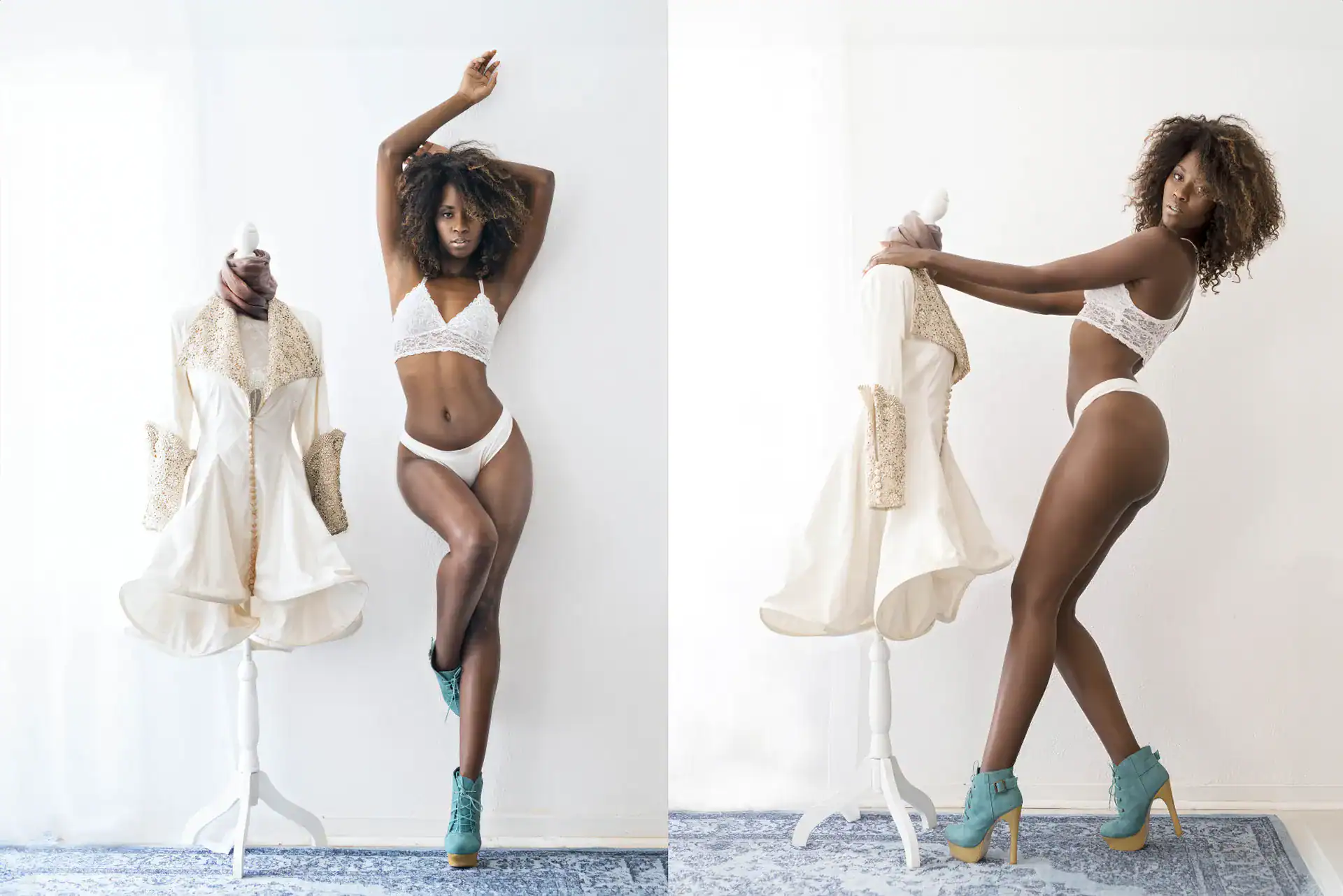 Bold black woman posing in white lace lingerie and turquoise heels beside ivory couture coat on mannequin, styled in studio light