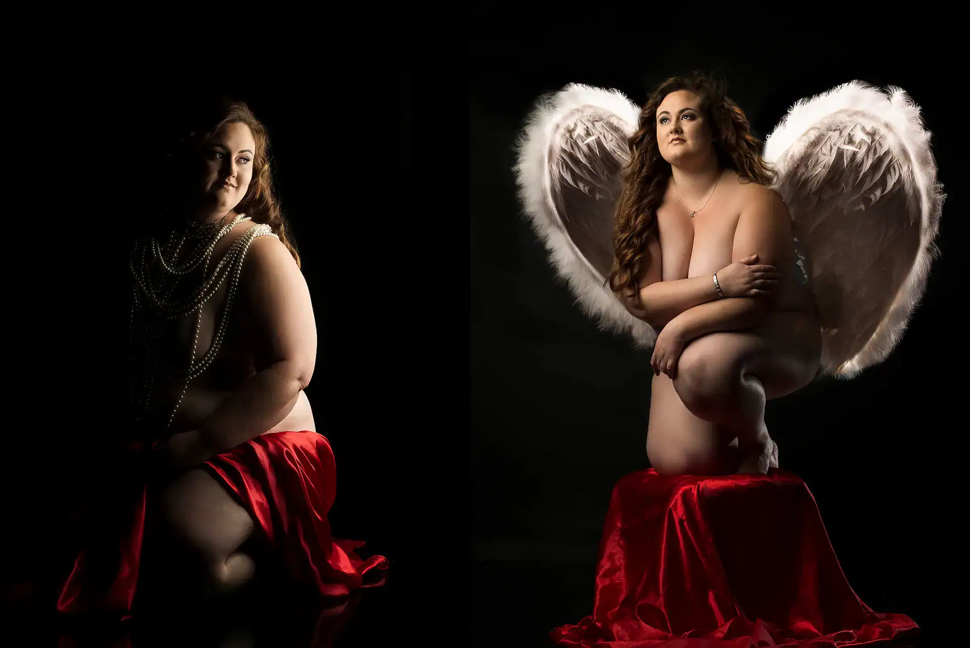 Plus-size nude woman styled in red satin and pearls in one image, angel wings in the other, captured in a symbolic boudoir portrait in Johannesburg