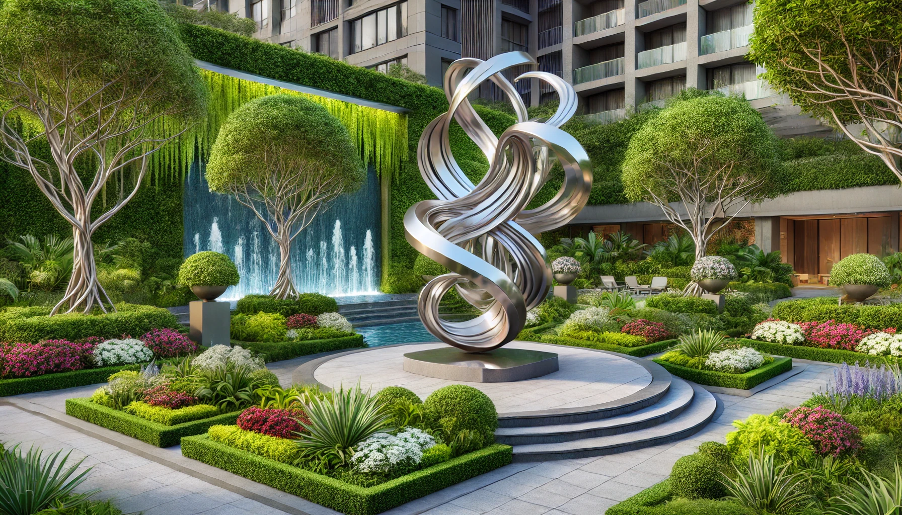 A Beautifully Landscaped Architecture Outdoor Area Featuring A Striking Metal Sculpture