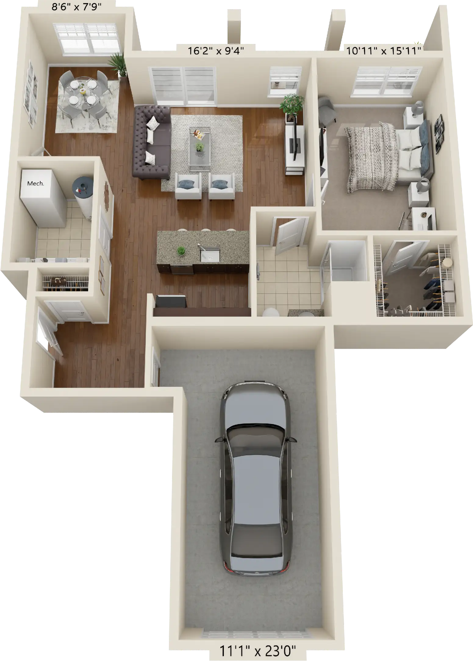1 BDR, 1 BA – A2 1st Floor Middle Townhouse Floorplan