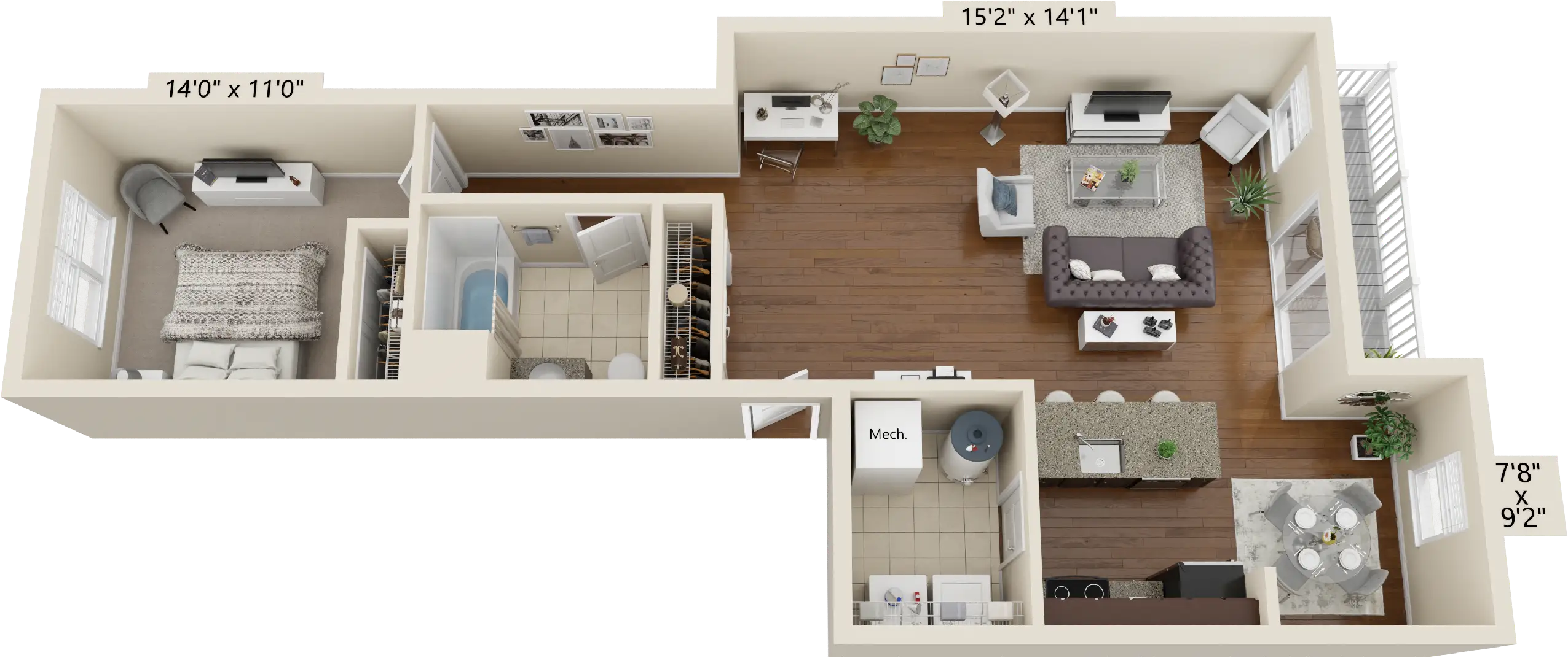1 BDR, 1 BA – A3 2nd Floor Townhouse Floorplan