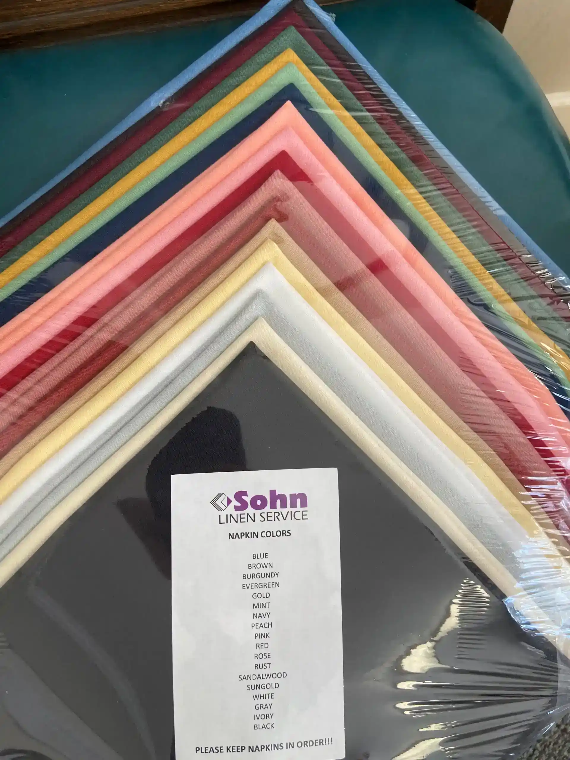 Assorted linen napkins in various colors at Cascades Manor.