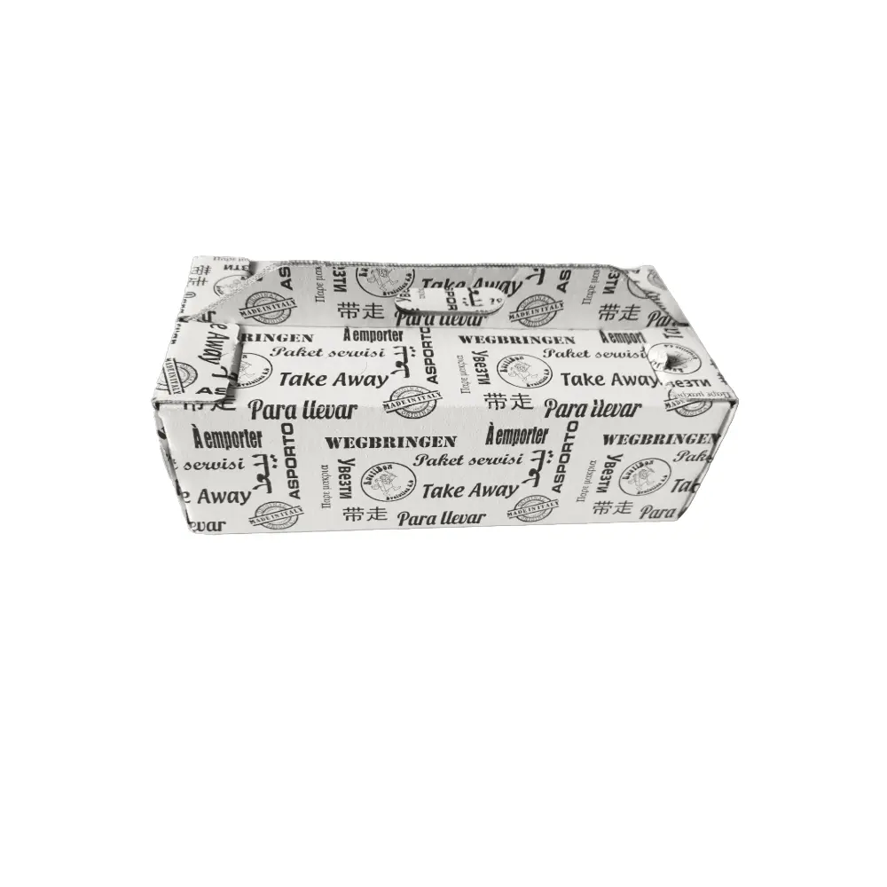 Boîte alimentaire thermique en carton avec poignée 14x28,5x9 cm, 50 pcs, sans plastique, idéale pour le contact alimentaire.