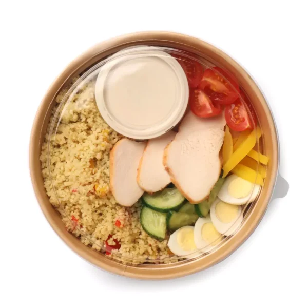 Bols à salade poke compostables 1200 ml, 100 pcs, avec couvercle, certifiés biodégradables et imperméables, pour usage alimentaire.