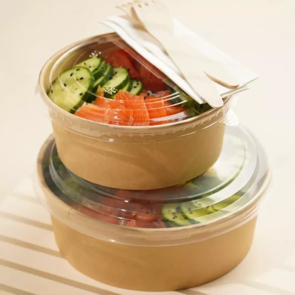 Kit Poke bowl compostable avec couvercle 800 ml, 100 pcs, pour emballage alimentaire écologique et sûr.