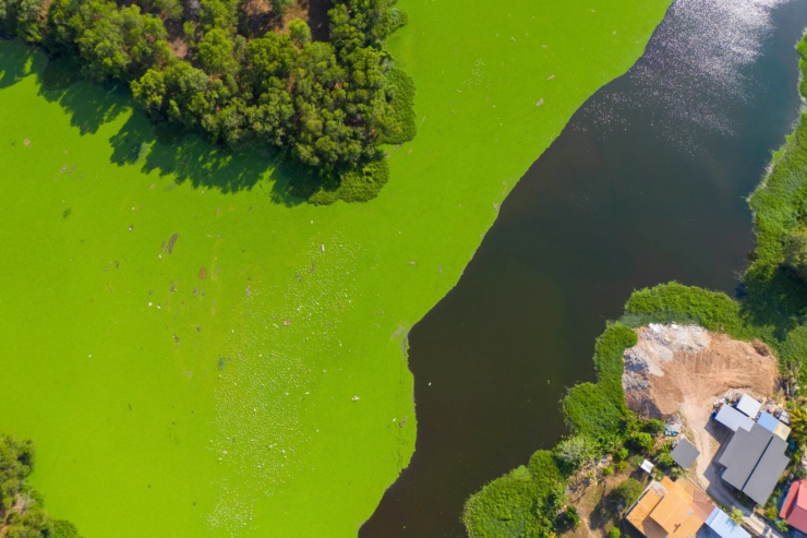 espace vert composé d'eau et de petits bâtiments