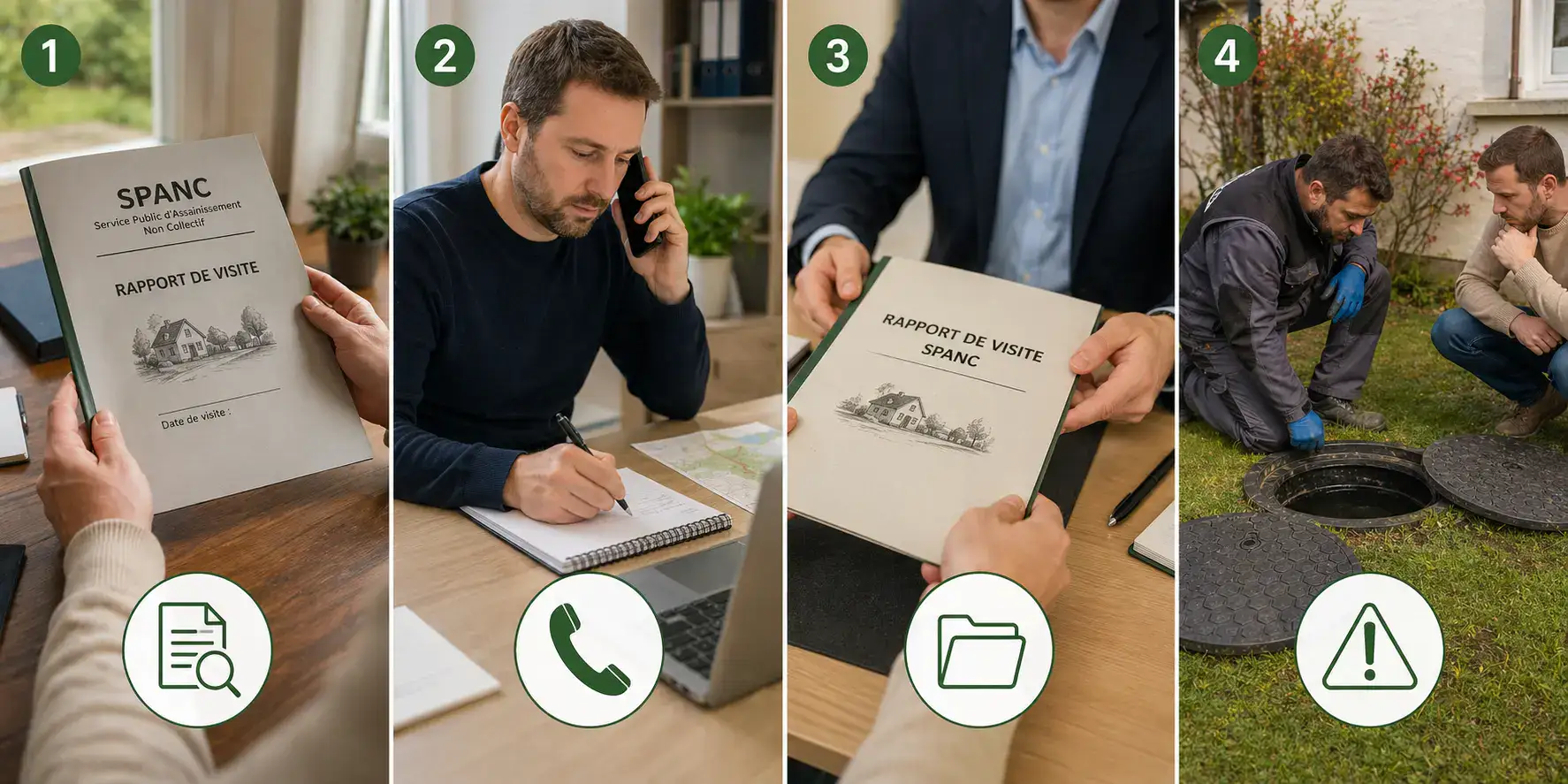 Guide étape par étape du vendeur pour le diagnostic assainissement avec rapport SPANC, prise de contact, notaire et contrôle terrain