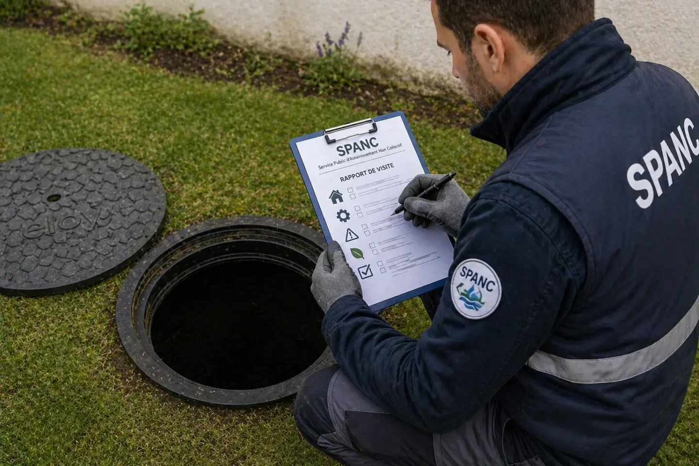 Technicien du SPANC réalisant un diagnostic d’assainissement non collectif avec rapport de visite sur installation domestique