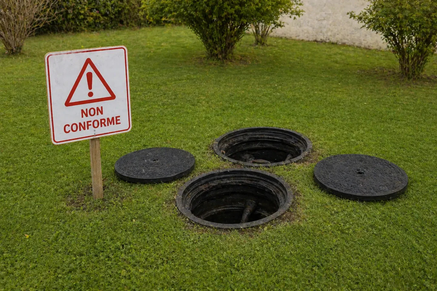 Installation d’assainissement non collectif avec regards ouverts et panneau signalant une non-conformité