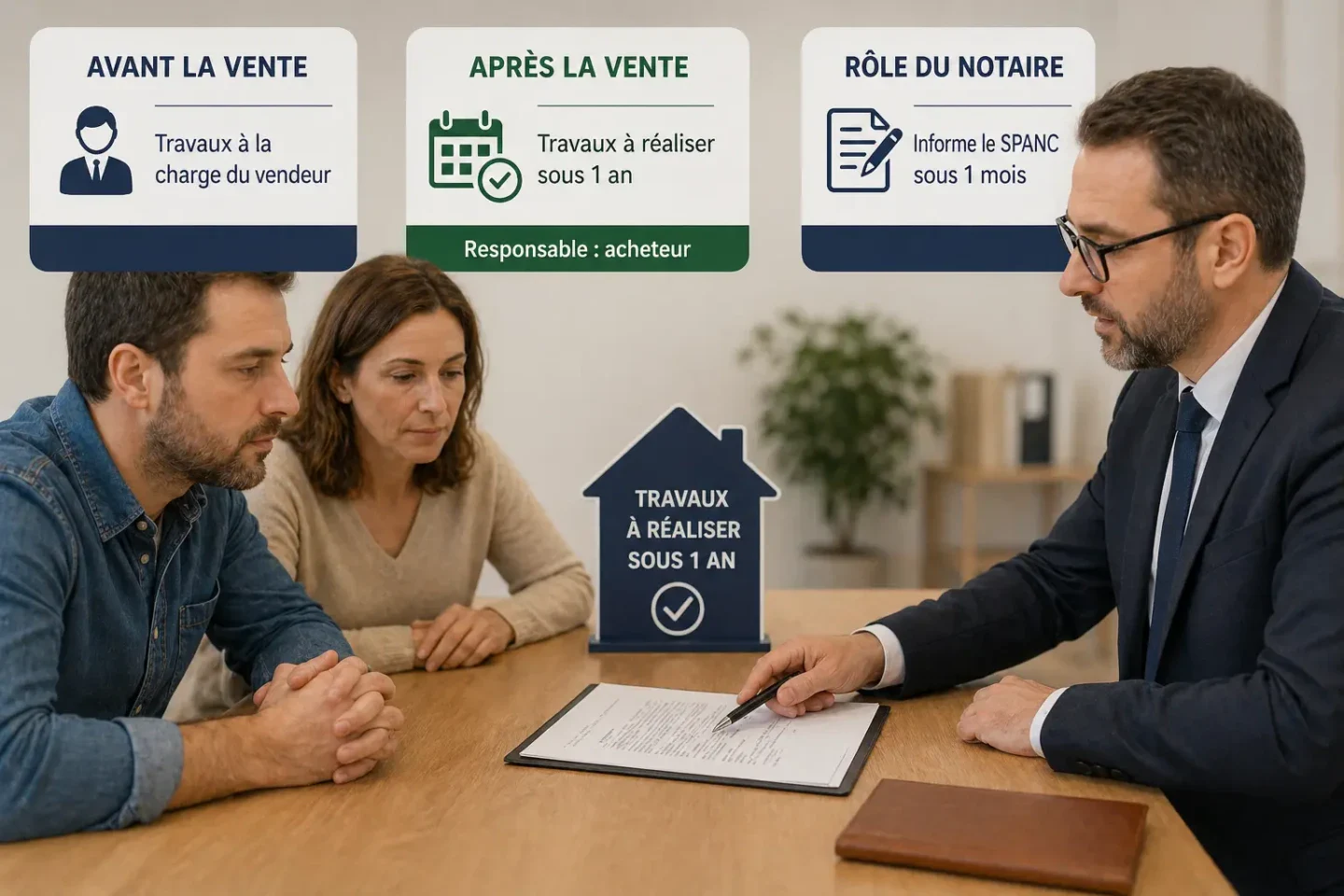 Signature chez le notaire avec répartition des responsabilités pour travaux d’assainissement non collectif