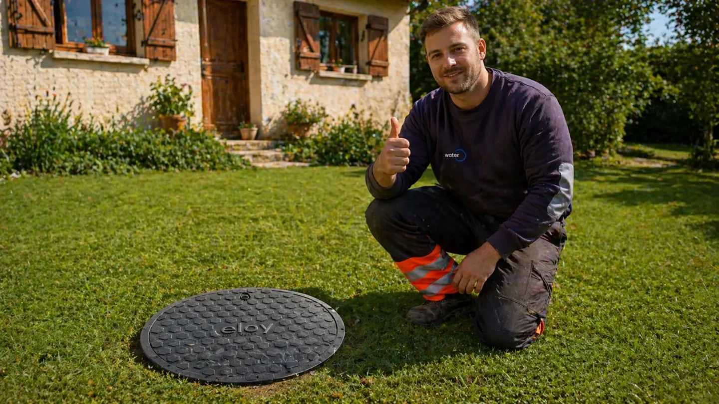 Vendeur satisfait devant son installation d’assainissement non collectif avec couvercle eloy dans le jardin