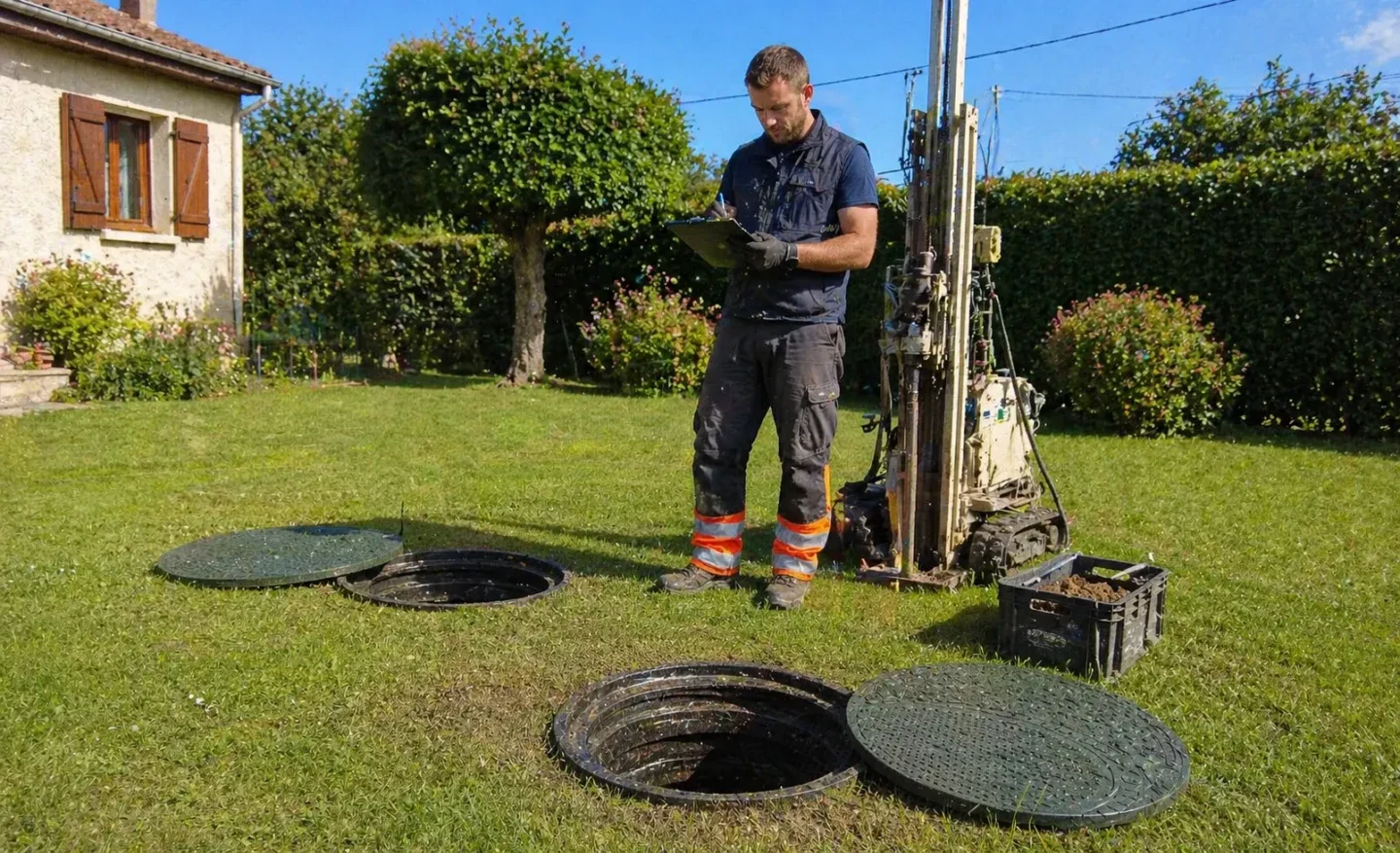 Étude de sol pour assainissement non collectif avec ingénieur réalisant des relevés sur une installation domestique