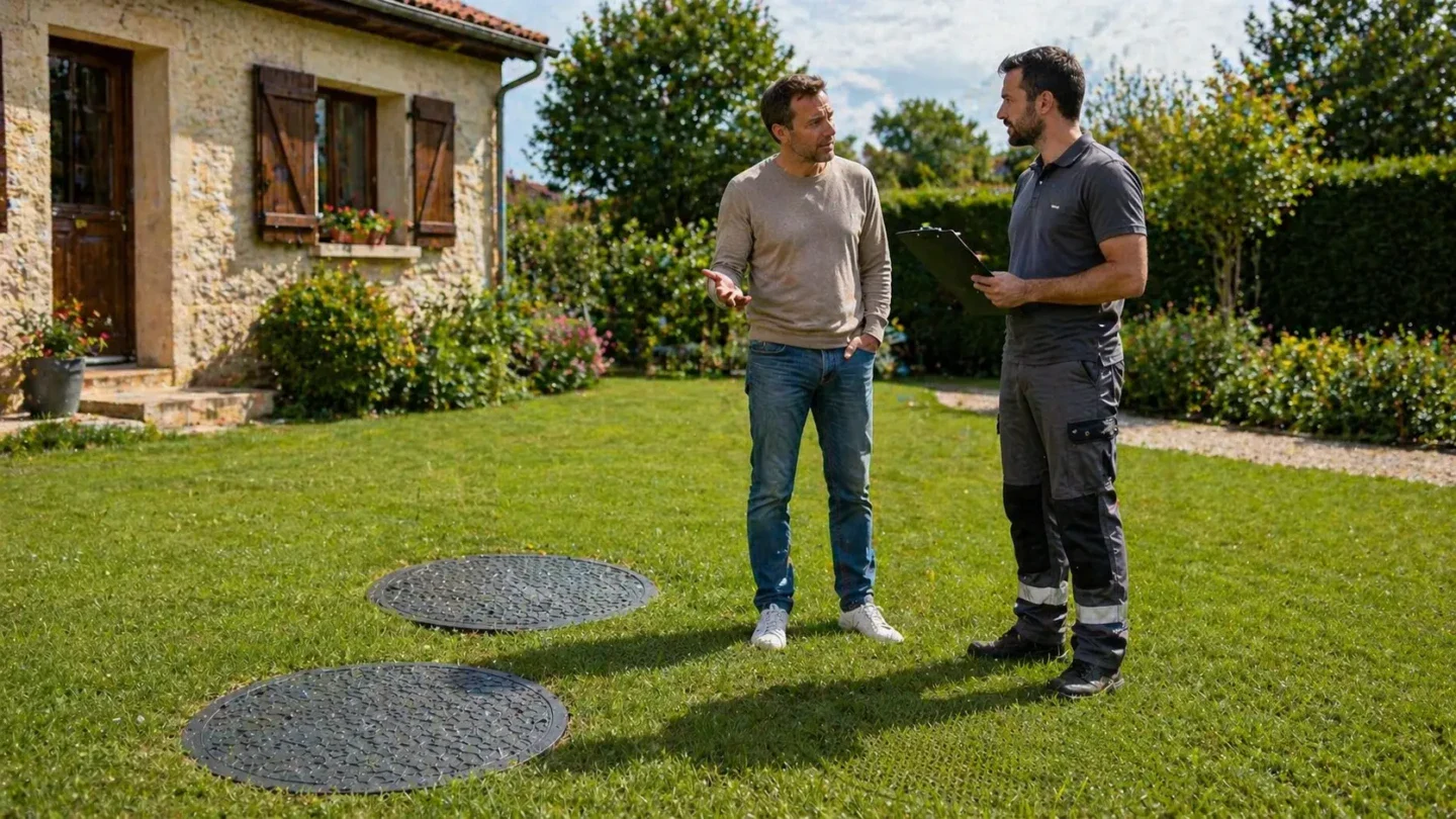 Propriétaire échangeant avec un technicien devant une installation d’assainissement non collectif dans un jardin