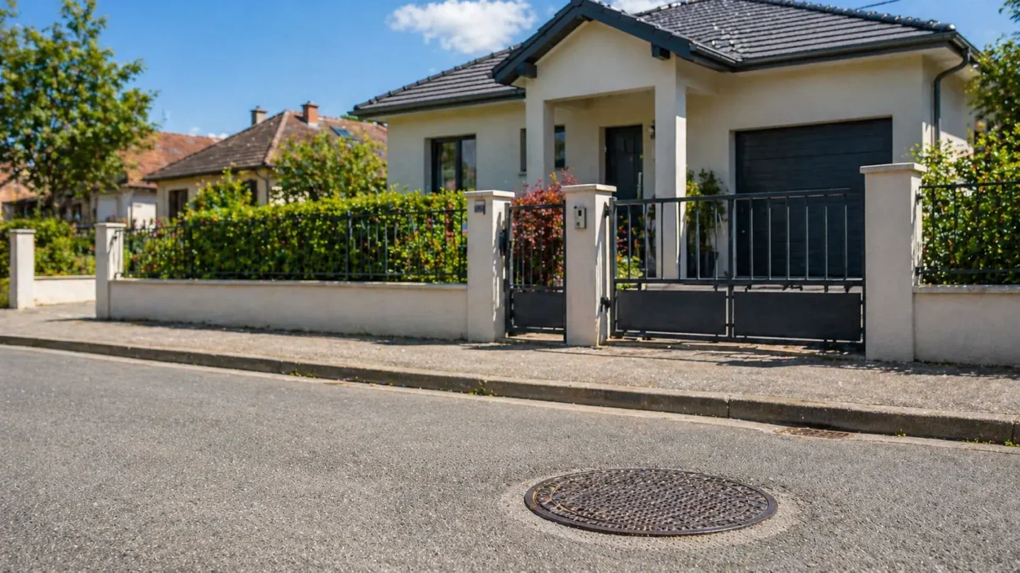 Maison raccordée au tout-à-l’égout avec plaque d’égout visible sur la voirie devant la propriété