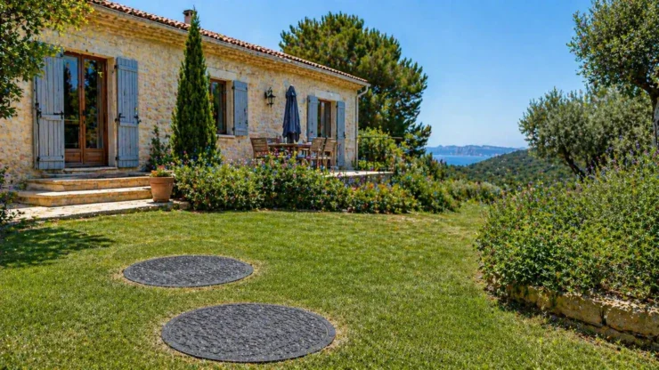 Résidence secondaire avec installation d’assainissement non collectif visible dans le jardin