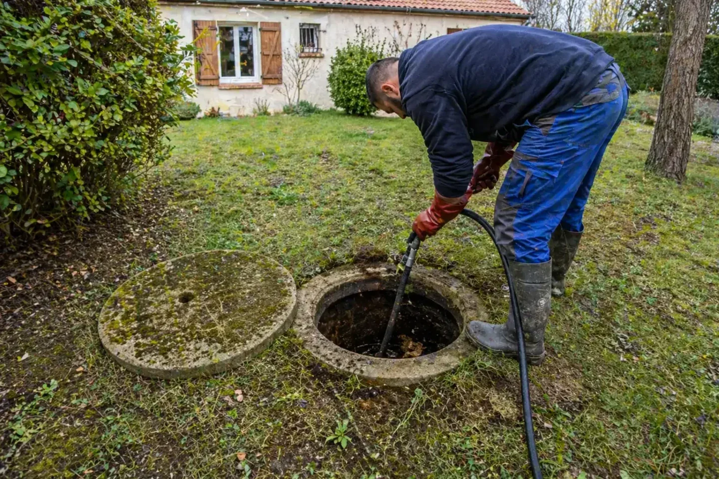 Fosse septique ancienne avec un seul regard ouvert lors d’un diagnostic assainissement