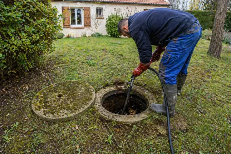 Fosse septique ancienne avec un seul regard ouvert lors d’un diagnostic assainissement