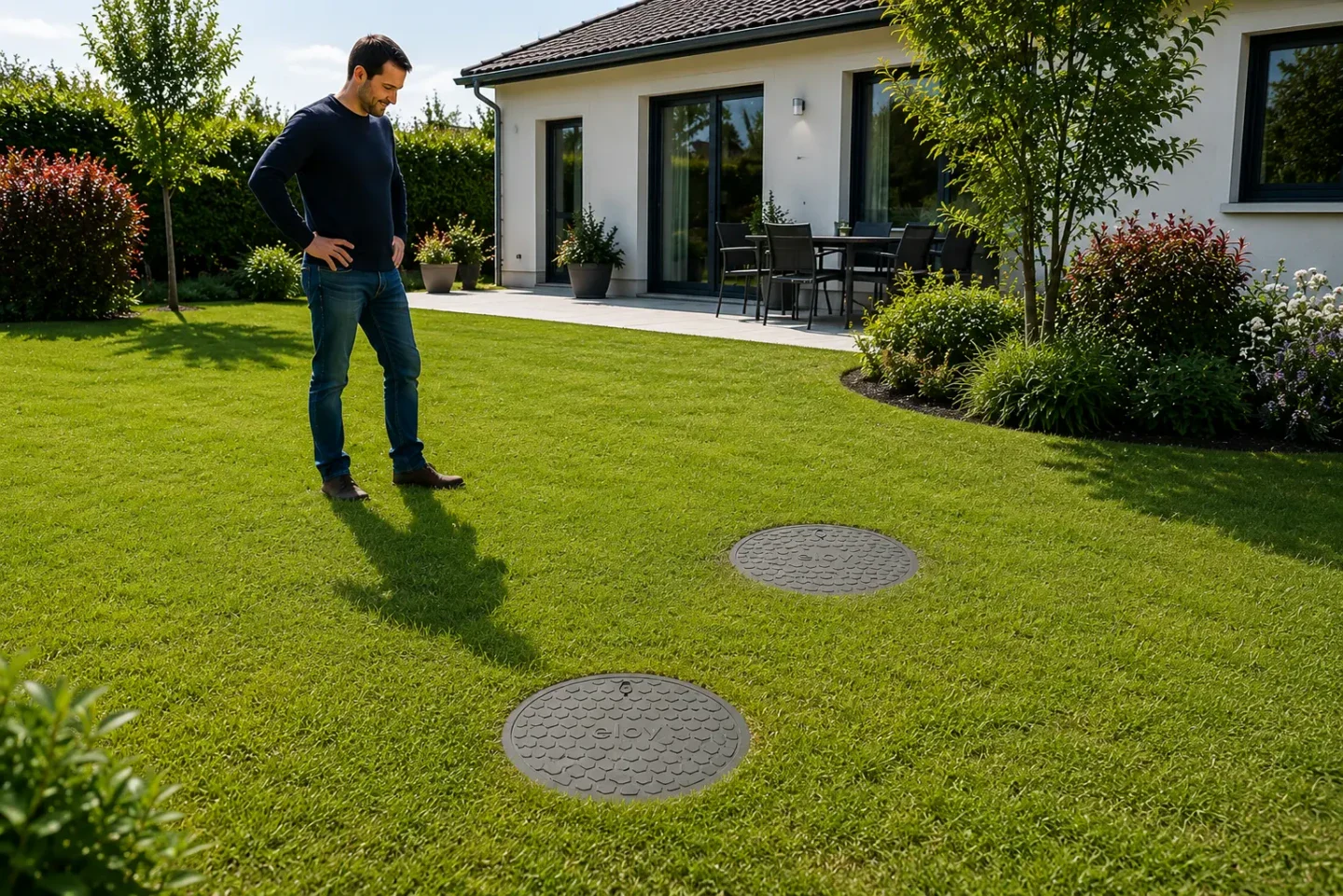 Installation d’assainissement non collectif moderne intégrée dans un jardin après réhabilitation
