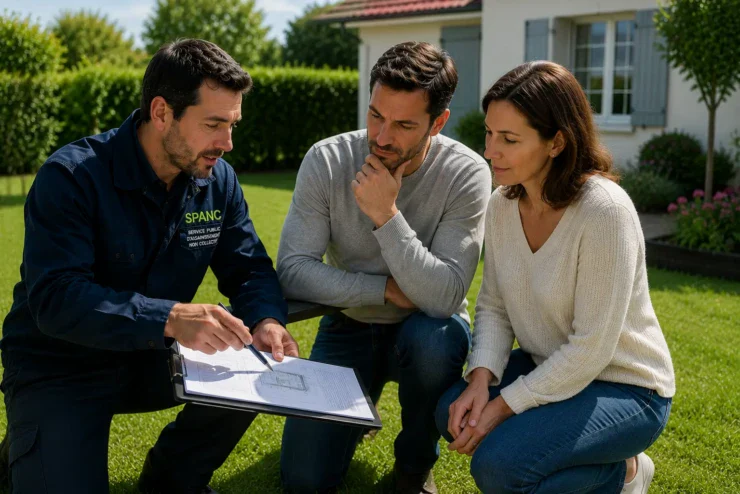 Technicien SPANC expliquant un diagnostic assainissement à un couple de propriétaires dans leur jardin