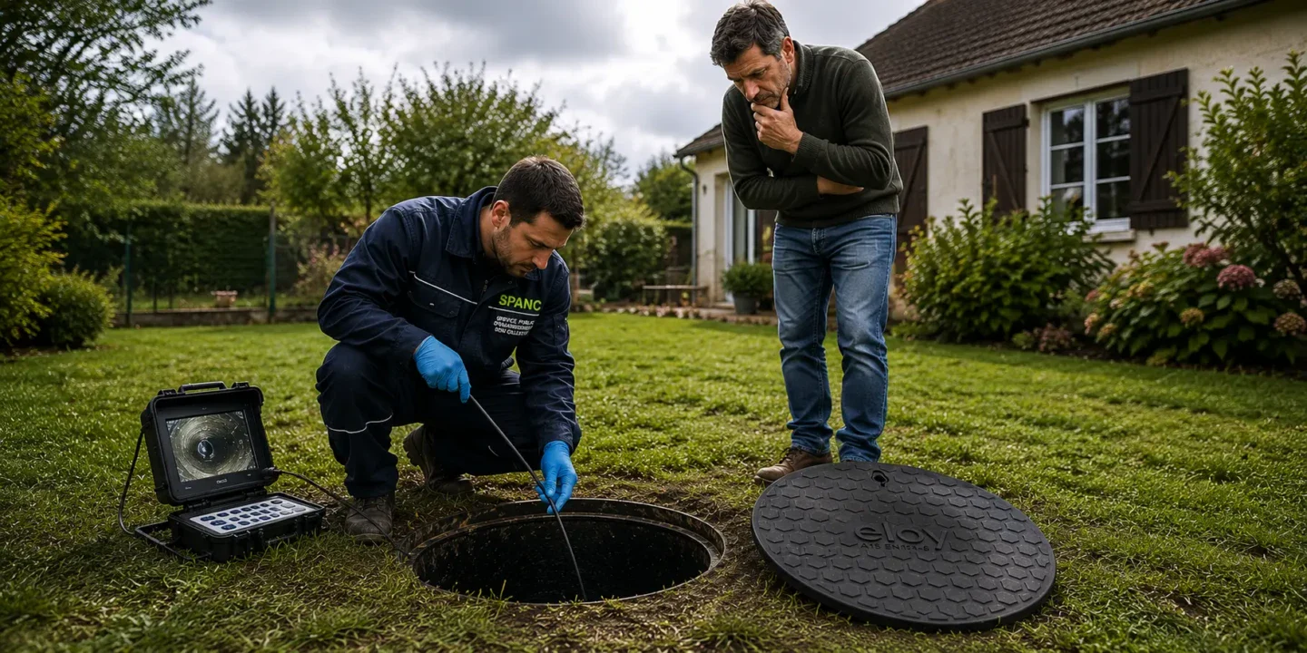 Inspection d’une installation d’assainissement non collectif par un technicien SPANC dans un jardin résidentiel