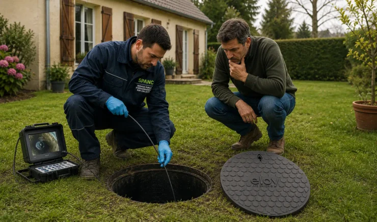 Inspection d’une installation d’assainissement non collectif par un technicien SPANC dans un jardin résidentiel