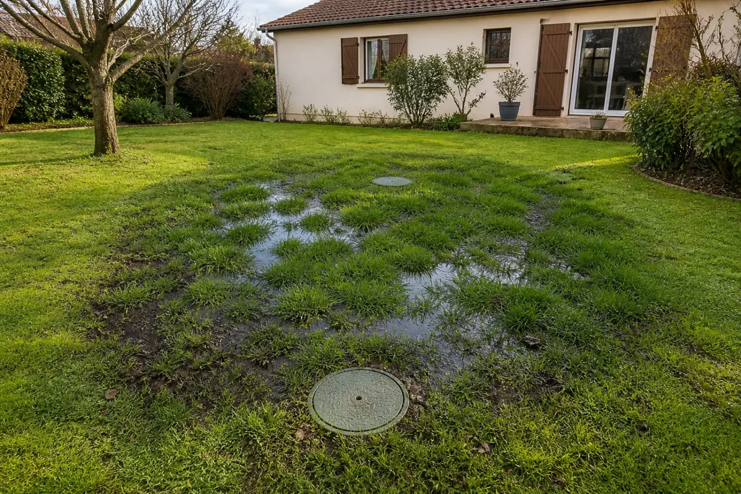 Zone de pelouse anormalement humide avec eau stagnante au-dessus d’un système d’assainissement non collectif défaillant