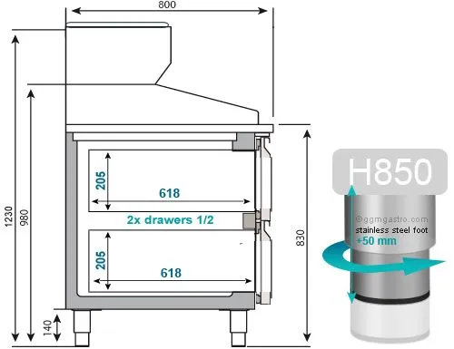 Chladiaci stôl na pizzu PREMIUM PLUS - 2305x800mm - s 2 dvierkami a 2 zásuvkami - vrátane chladiacej vitríny - 10x GN 1/3 - Image 5