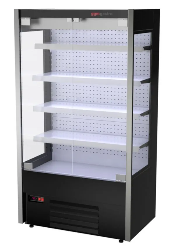 Nástenná chladiaca polica - 1100 mm - s LED osvetlením, sklenenými dvierkami a 4 policami