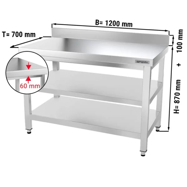Nerezový pracovný stôl PREMIUM - 1200 x 700 mm - so základnou policou, stojanom a medzipoličkou