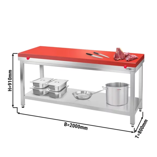 Nerezový pracovný stôl PREMIUM - 2000x800mm - s podložkou bez zadného lemu vr. rezná doska