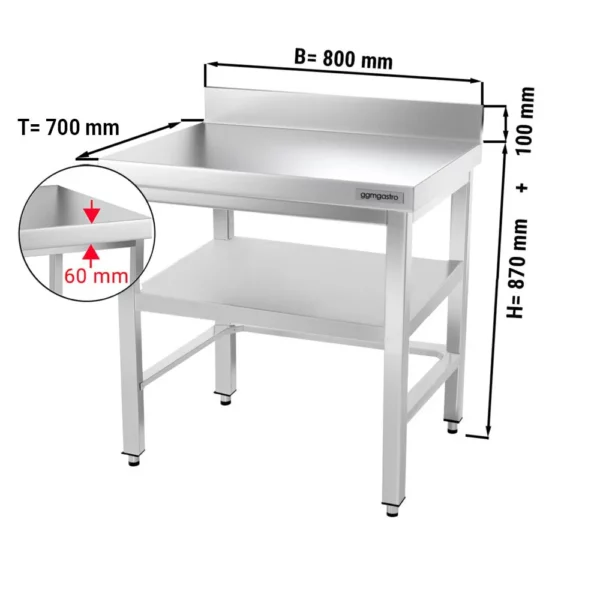 Nerezový pracovný stôl PREMIUM - 800x700mm - s podnožou, podperou a výstuhou