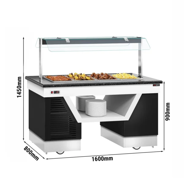 Bufetová vitrína ohrevná - s Bain Marie & kolieskami - 1600mm - pre 4x GN 1/1