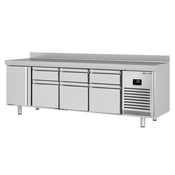 Chladiaci stôl PREMIUM PLUS - 2452 x 600 mm - s 1 dvierkami a 6 zásuvkami a so zadnou stenou - Image 8