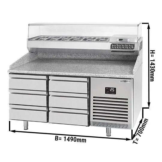 Chladiaci stôl na pizzu PREMIUM PLUS - 1490x700mm - so 6 zásuvkami - vrátane chladiacej vitríny - 6x GN 1/4