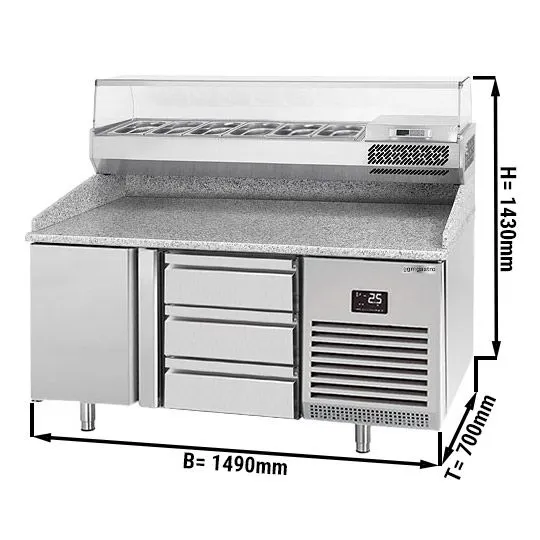 Chladiaci stôl na pizzu PREMIUM PLUS - 1490x700mm - s 1 dvierkami a 3 zásuvkami - vrátane chladiacej vitríny - 6x GN 1/4
